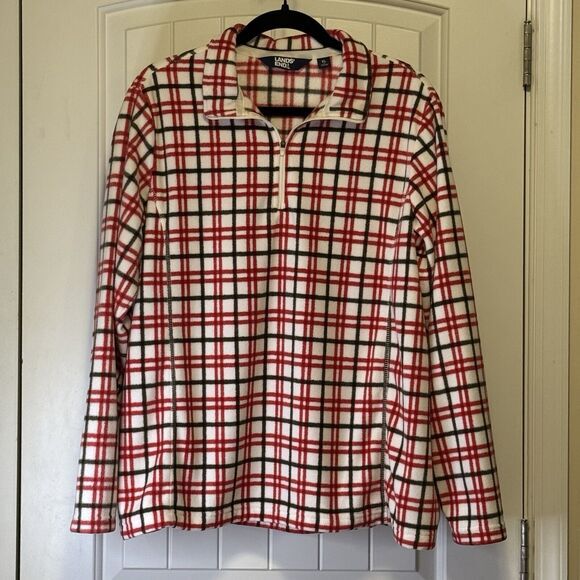 Lands End Womans Fleece Plus Size 18 Hoodie Red White Plaid 1/4 Zip Pullover # - Picture 2 of 10